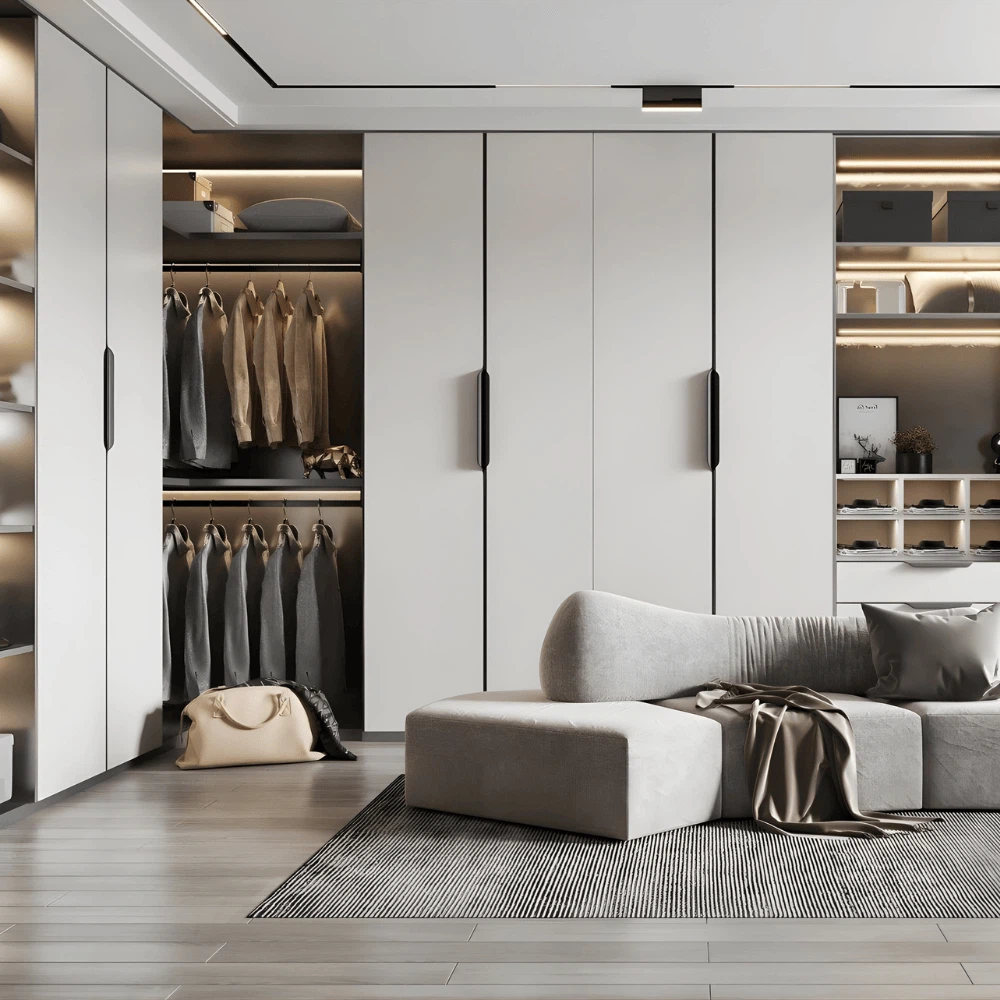 Modern glass wardrobe with matte grey panels and soft LED lighting in a minimalist bedroom interior Modern glass wardrobe with matte grey panels and soft LED lighting in a minimalist bedroom interior