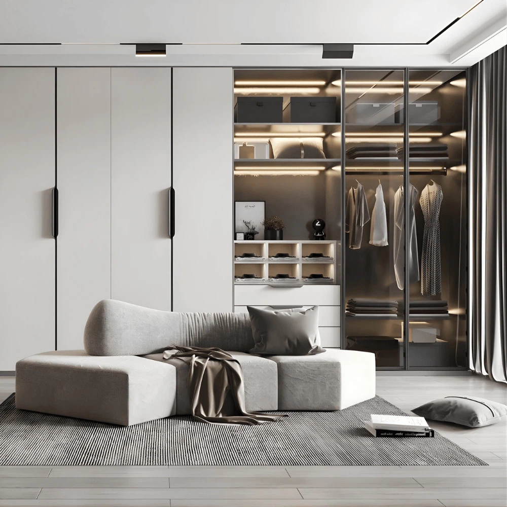 Contemporary white and glass wardrobe design featuring open shelves, hanging space, and illuminated storage Contemporary white and glass wardrobe design featuring open shelves, hanging space, and illuminated storage
