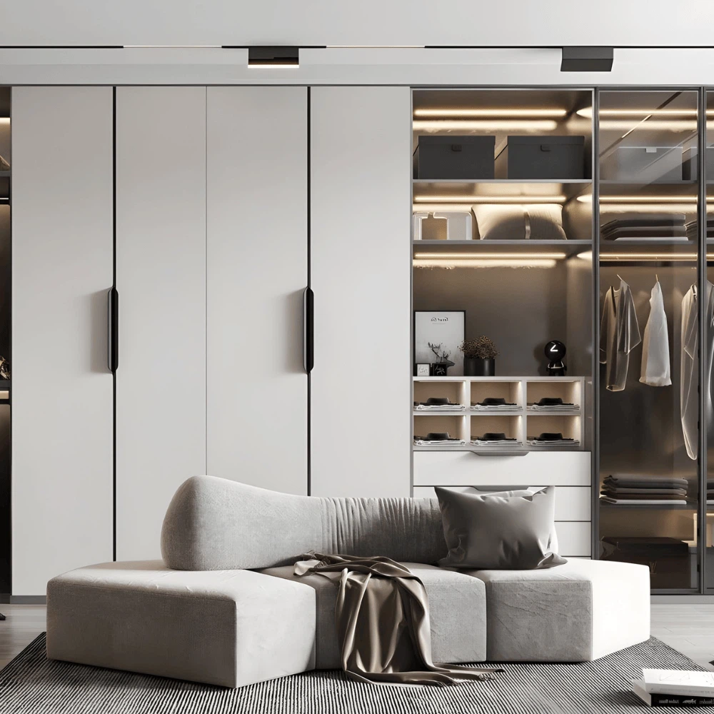 Luxury built-in glass wardrobe with matte doors, LED lighting, and elegant clothing display. Luxury built-in glass wardrobe with matte doors, LED lighting, and elegant clothing display.