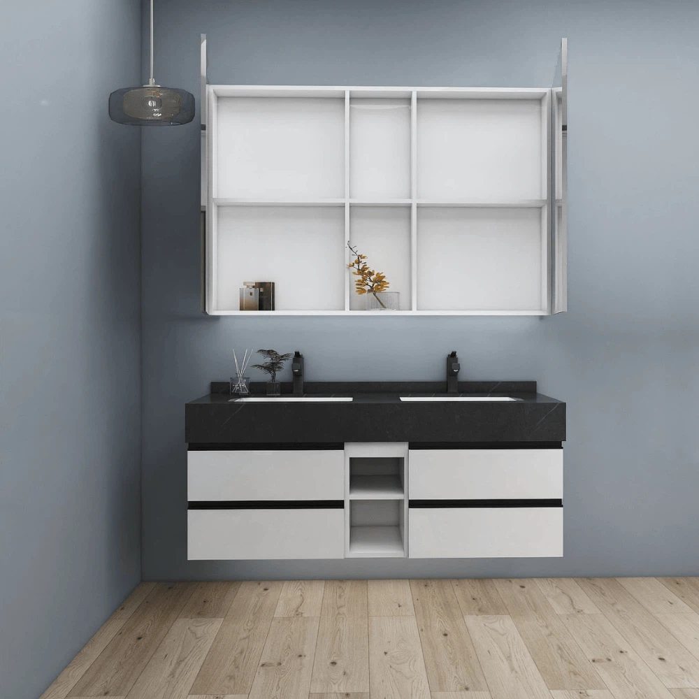 Double basin grey floating bathroom vanity with mirror cabinet open to show storage space. Double basin grey floating bathroom vanity with mirror cabinet open to show storage space.