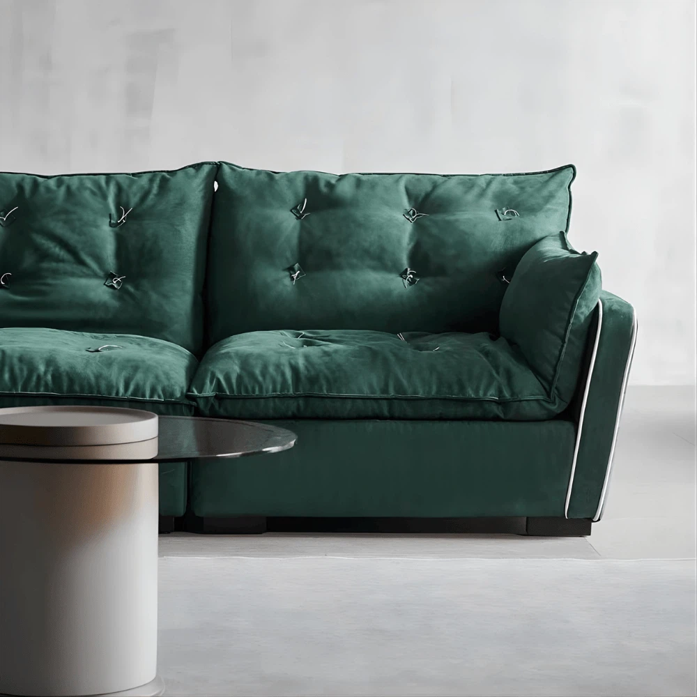 Front view of the Modern Green Velvet Sofa showing tufted cushions and soft velvet texture in a minimalist interior. Front view of the Modern Green Velvet Sofa showing tufted cushions and soft velvet texture in a minimalist interior.
